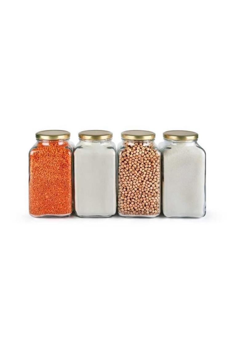 4'lü 3000 ml Köşeli Kapaklı Cam Kavanoz - Gold Kapak