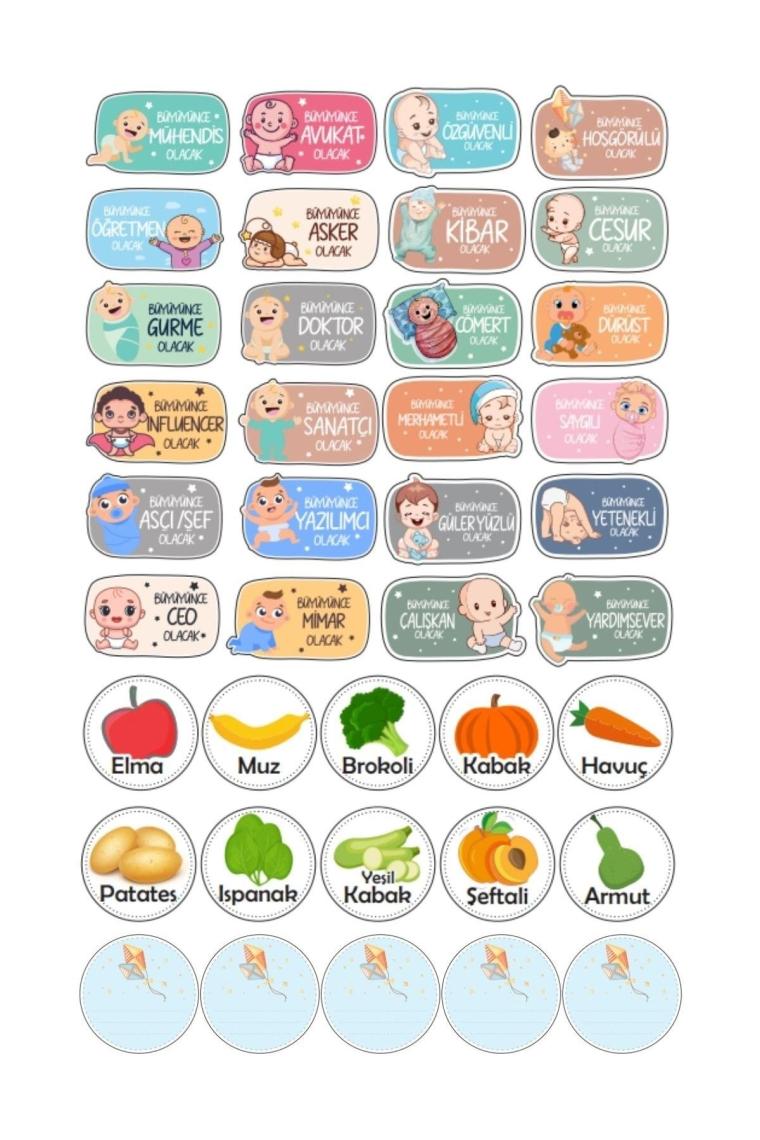 39 Adet Değerler Meslekler Ve Meyveler Kavanoz Etiketi Sticker Seti C1-1-149