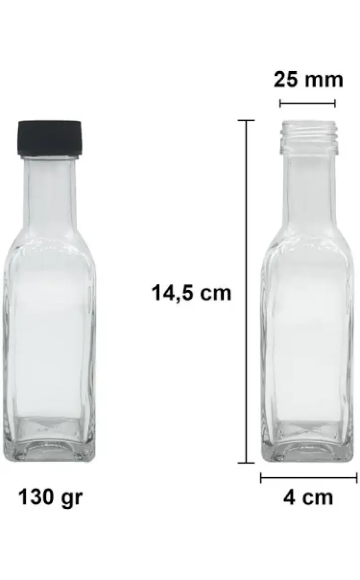 Afracam 100 cc Şeffaf Maraska Sızdırmaz Siyah Kapaklı 100 ml Köşeli Cam Şişe 25 Adet