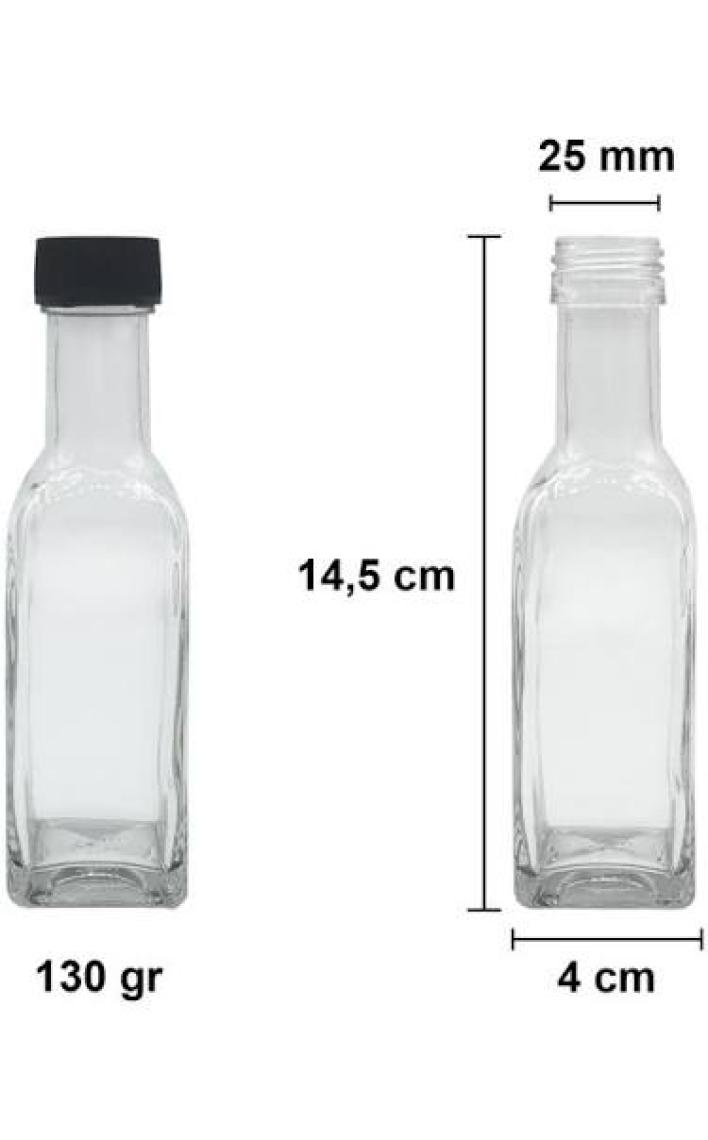 Afracam 100 cc Şeffaf Maraska Sızdırmaz Siyah Kapaklı 100 ml Köşeli Cam Şişe 80 Adet