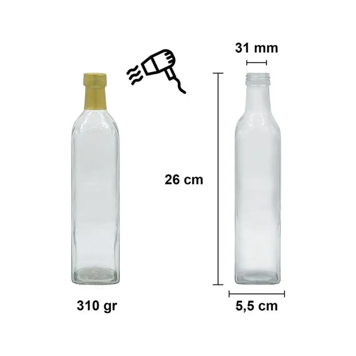 Afracam 500 cc Şeffaf Maraska Kilitli Kapaklı ve Kapüşonlu 500 ml Köşeli Cam Şişe 6 Adet
