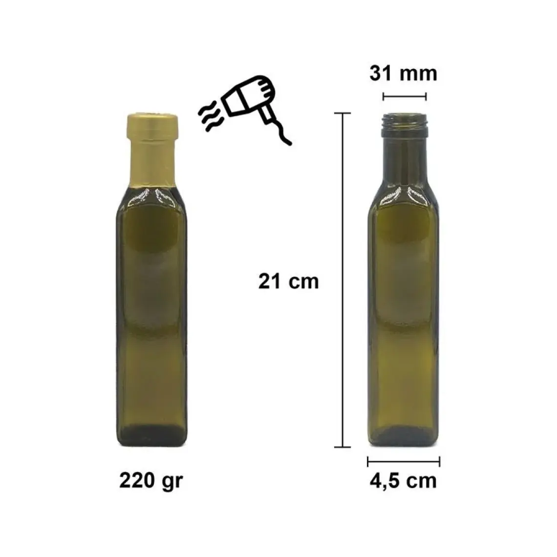 Afracam 250 cc Yeşil Maraska Kilitli Kapaklı ve Kapüşonlu 250 ml Köşeli Cam Şişe 1 Adet