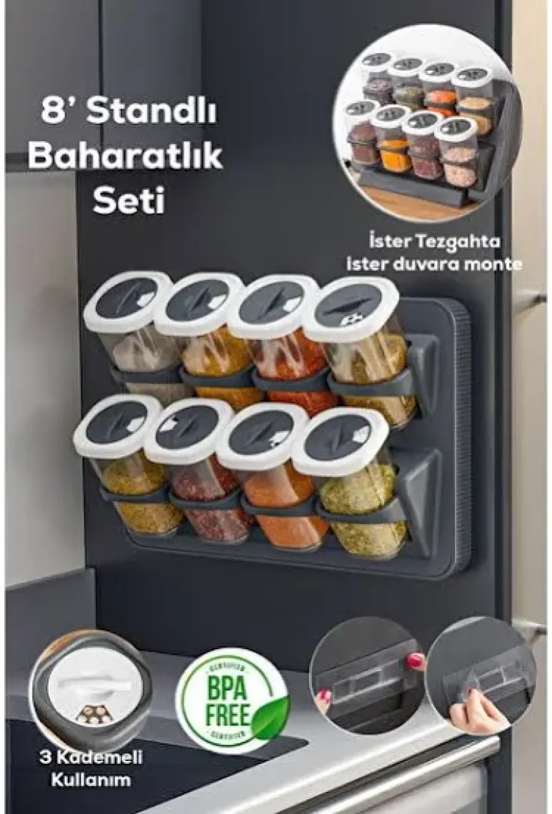 1122 8li Etiketli Asmalı Kendinden Yapışkanlı Tezgah Üstü Standlı Döner Kapaklı Baharatlık Seti