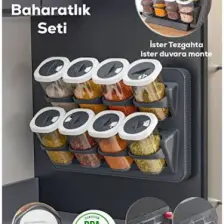 1122 8li Etiketli Asmalı Kendinden Yapışkanlı Tezgah Üstü Standlı Döner Kapaklı Baharatlık Seti