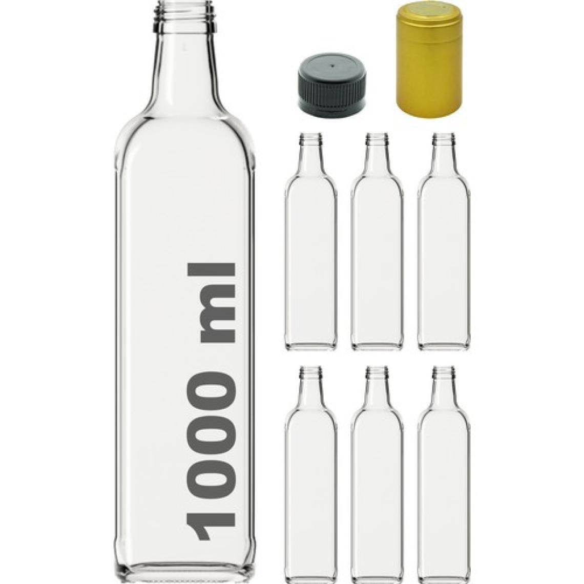 Afracam 1000 cc Şeffaf Maraska Kilitli Kapaklı ve Kapüşonlu 1000 ml Köşeli Cam Şişe 6 Adet