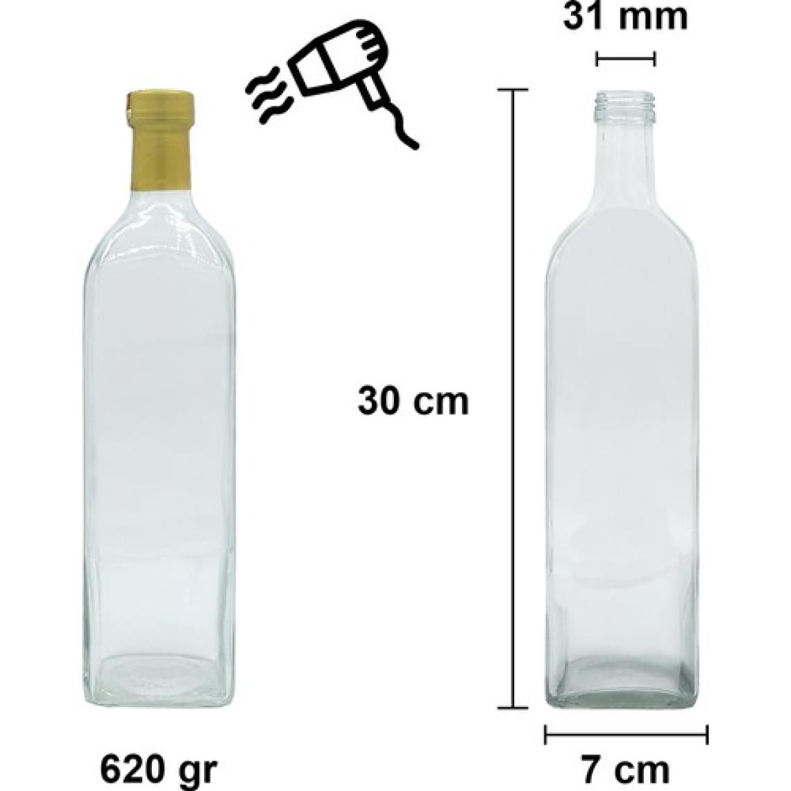 Afracam 1000 cc Şeffaf Maraska Kilitli Kapaklı ve Kapüşonlu 1000 ml Köşeli Cam Şişe 6 Adet