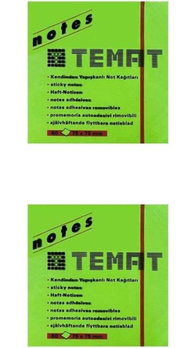 Temat Yapışkanlı Kağıt Postit Fosforlu Yeşil 75 x 75 mm 2'li