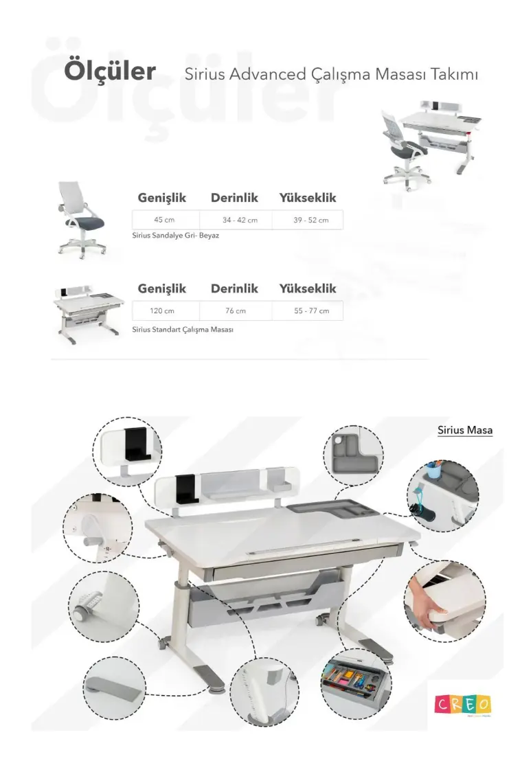 Creo Mobili Geniş Çalışma Masası, Yükseklik Ayarlı Masa + Sandalye - Beyaz/Mavi - Sirius Advanced