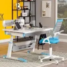 Creo Mobili Geniş Çalışma Masası, Yükseklik Ayarlı Masa + Sandalye - Beyaz/Mavi - Sirius Advanced