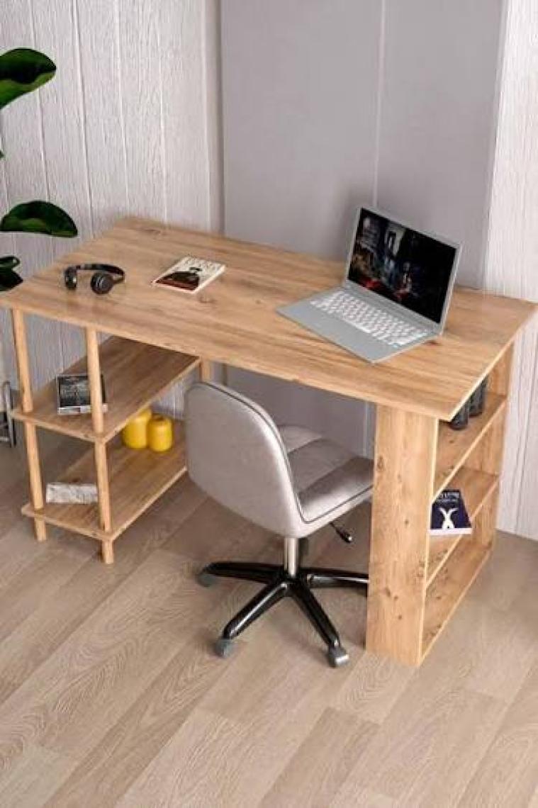 İntergo Çalışma Masası Bilgisayar Masası Ofis Ders Masası 4 Raflı Ahşap Ayaklı Beyaz
