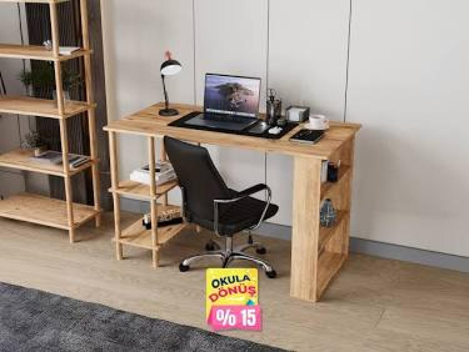 İntergo Çalışma Masası Bilgisayar Masası Ofis Ders Masası 4 Raflı Ahşap Ayaklı Beyaz