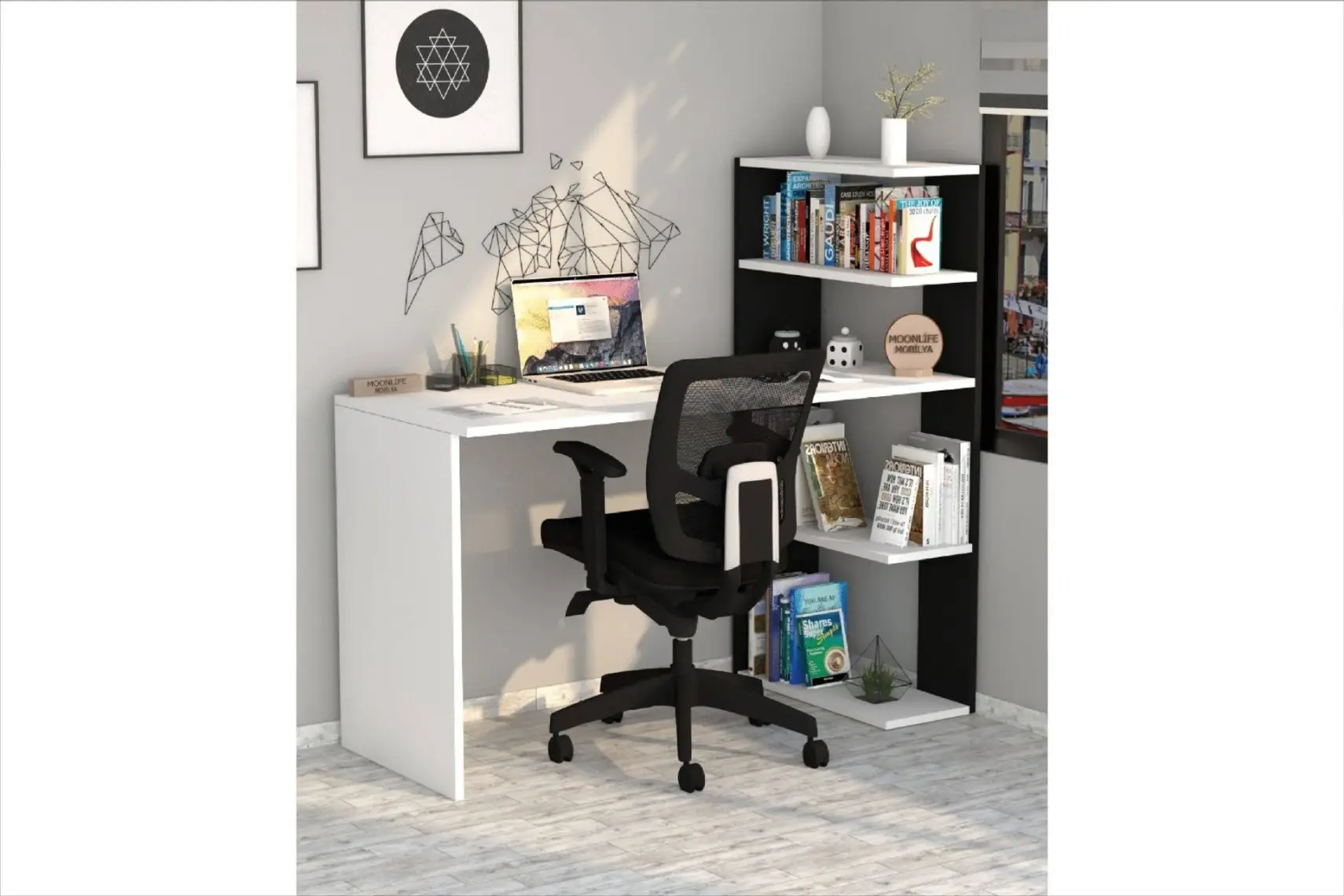 Moonlife Çınar Kitaplıklı Çalışma Masası Beyaz Siyah