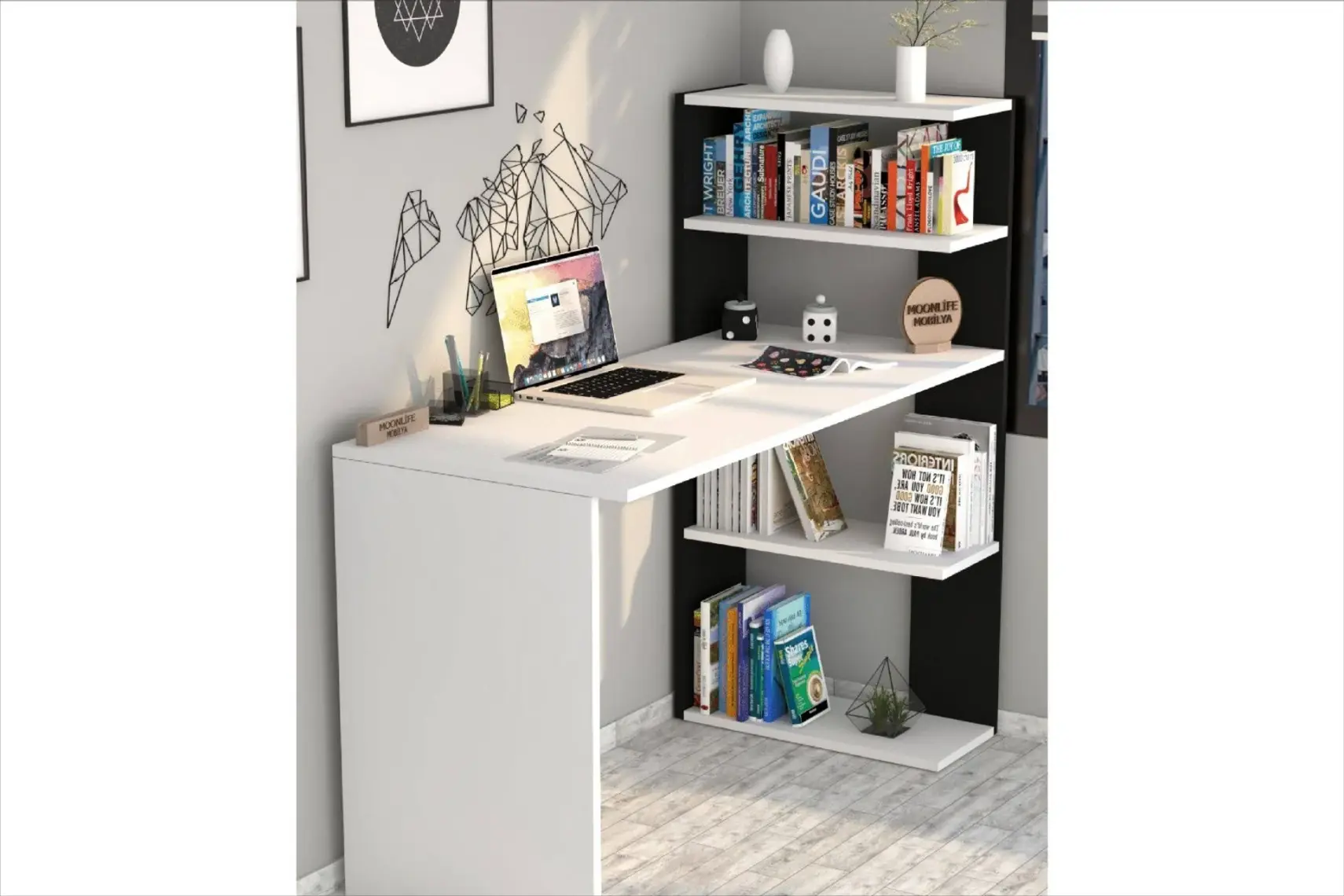 Moonlife Çınar Kitaplıklı Çalışma Masası Beyaz Siyah