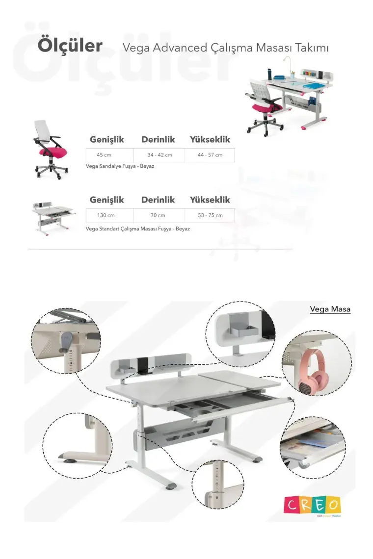 Creo Mobili Yükseklik ve Eğim Ayarlı Öğrenci Masası + Sandalye - Beyaz/Fuşya - Vega Advanced