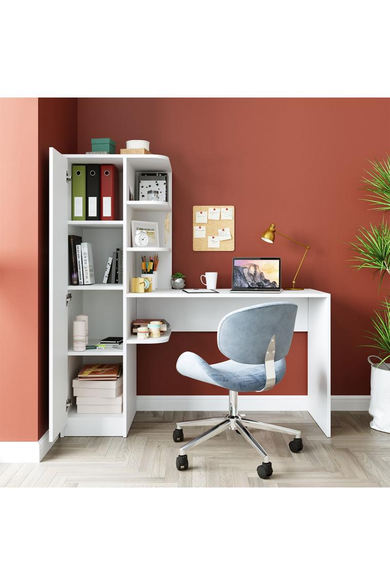 Roomart Roma Raflı Çalışma Masası , Çalışma Ofis Masası Sağ Dolap Mat Beyaz