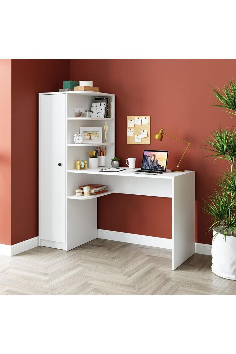 Roomart Roma Raflı Çalışma Masası , Çalışma Ofis Masası Sağ Dolap Mat Beyaz
