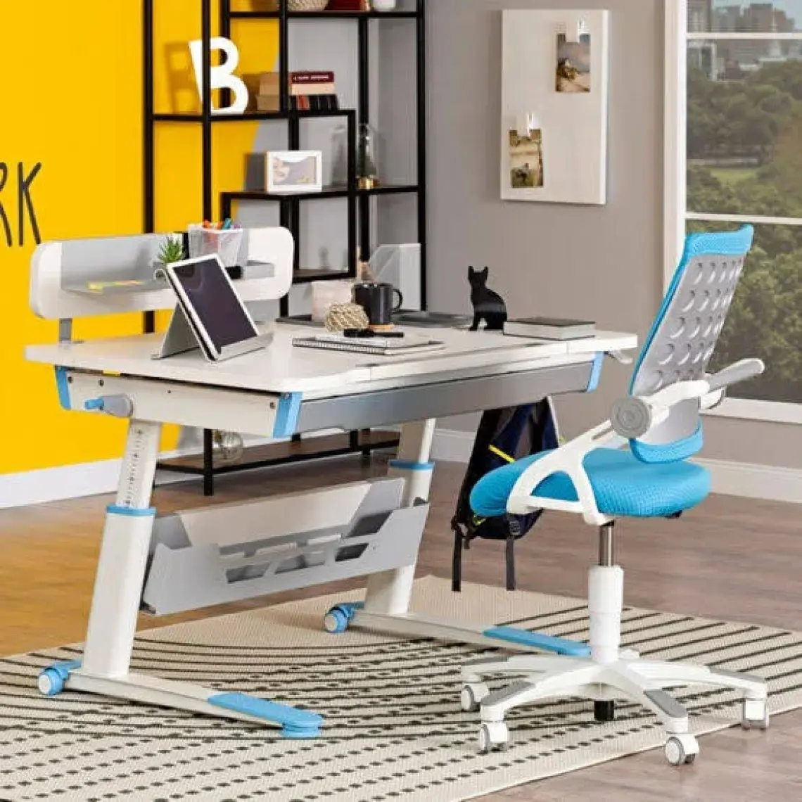 Creo Mobili Akıllı Çalışma Masası Yükseklik ve Eğim Ayarlı Masa - 120x75 Cm, Beyaz/Mavi - Sirius Standart