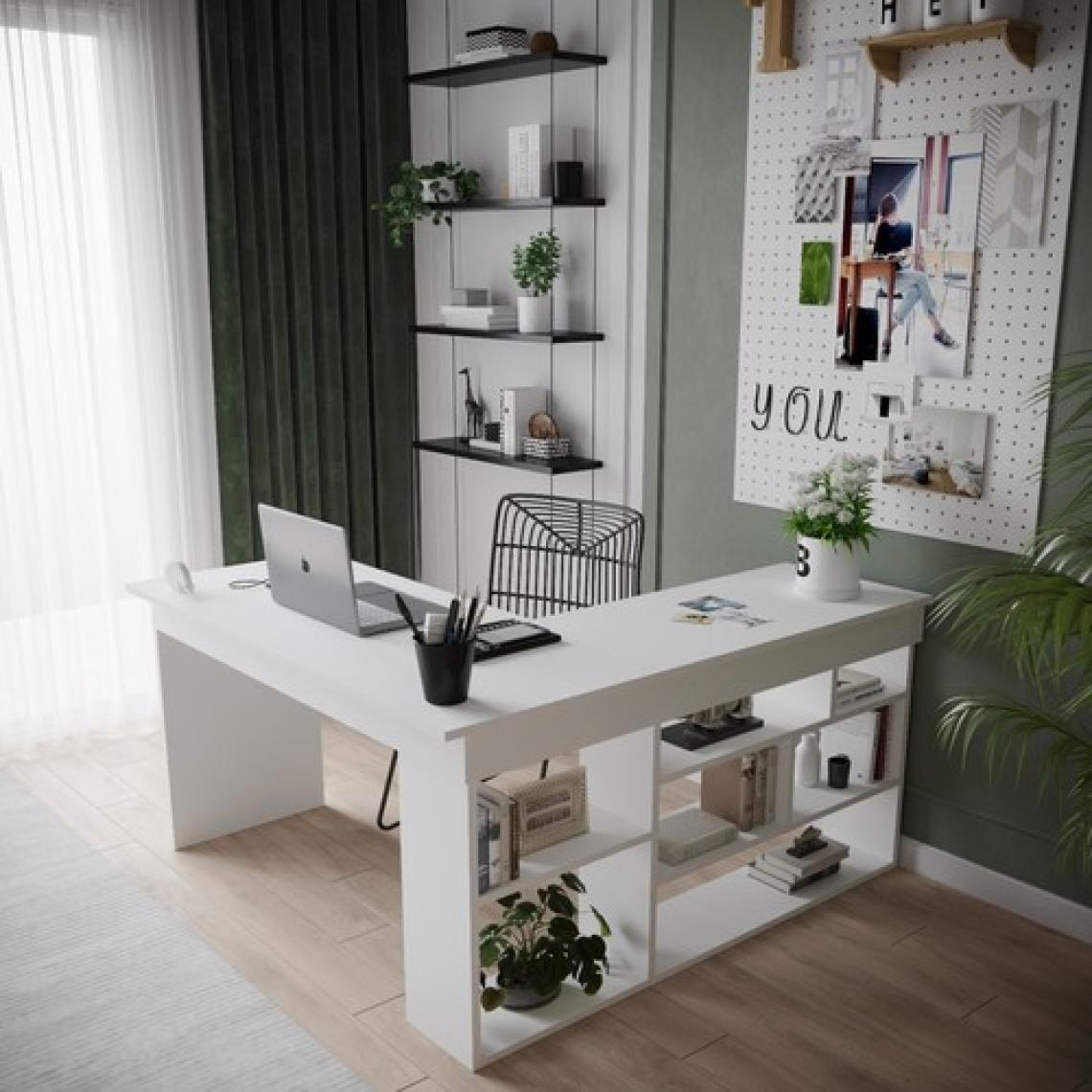 Robin Home Martin Kitaplık Raflı Çalışma Masası L Ofis Masası Beyaz (Raflar Sağda)