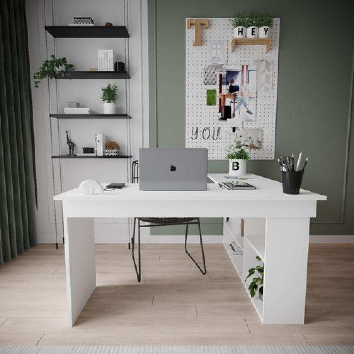 Robin Home Martin Kitaplık Raflı Çalışma Masası L Ofis Masası Beyaz (Raflar Sağda)