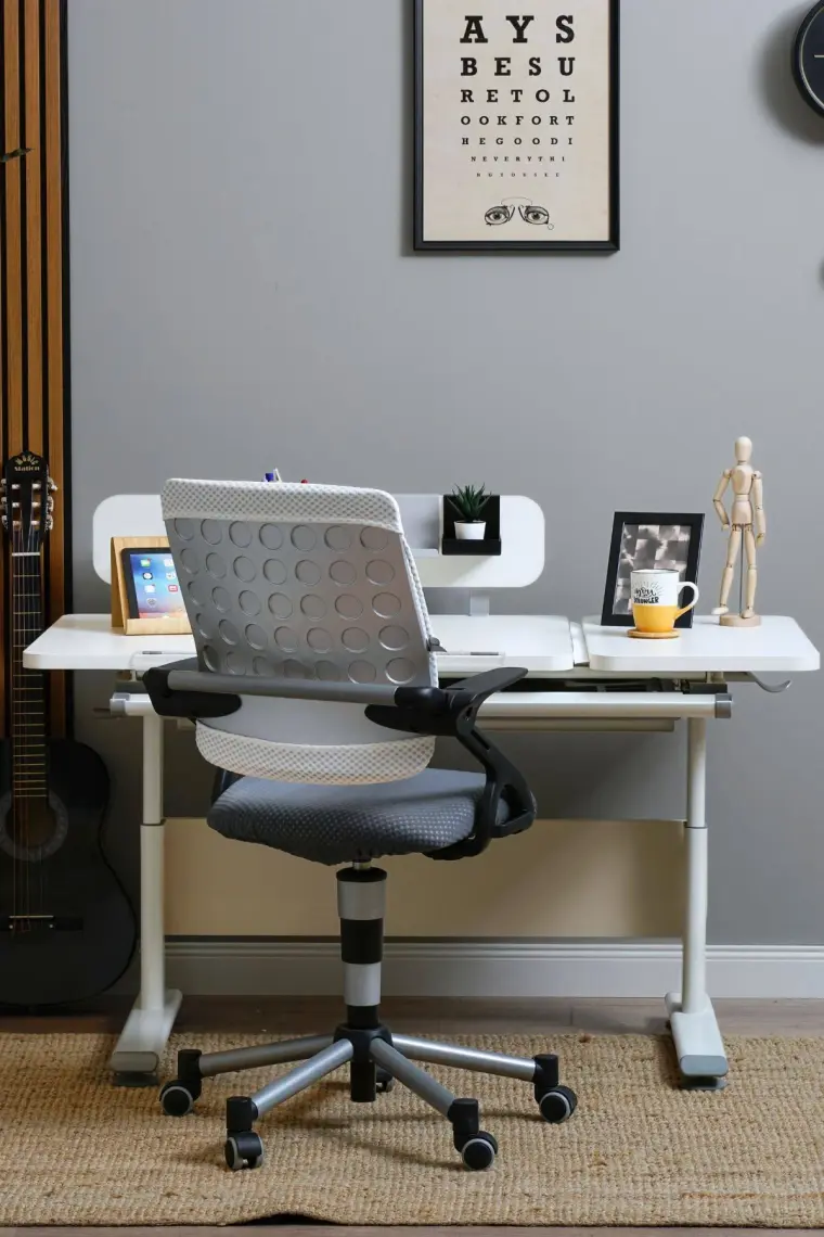 Creo Mobili Ergonomik Çalışma Masası Çekmeceli ve Yükseklik Ayarlı Masa + Sandalye - Beyaz/Gri - Vega Advanced