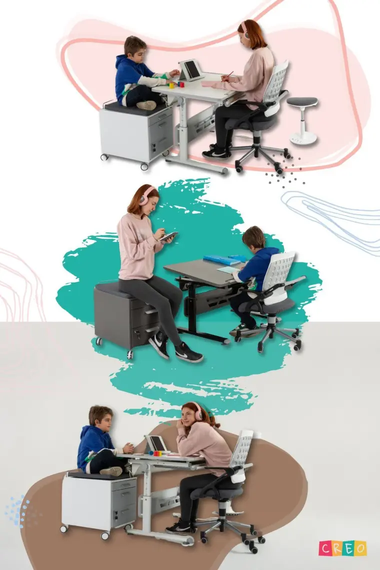 Creo Mobili Ergonomik Çalışma Masası Çekmeceli ve Yükseklik Ayarlı Masa + Sandalye - Beyaz/Gri - Vega Advanced