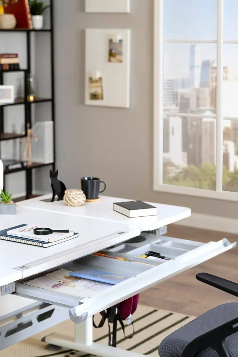 Creo Mobili Ergonomik Çalışma Masası Çekmeceli ve Yükseklik Ayarlı Masa + Sandalye - Beyaz/Gri - Vega Advanced