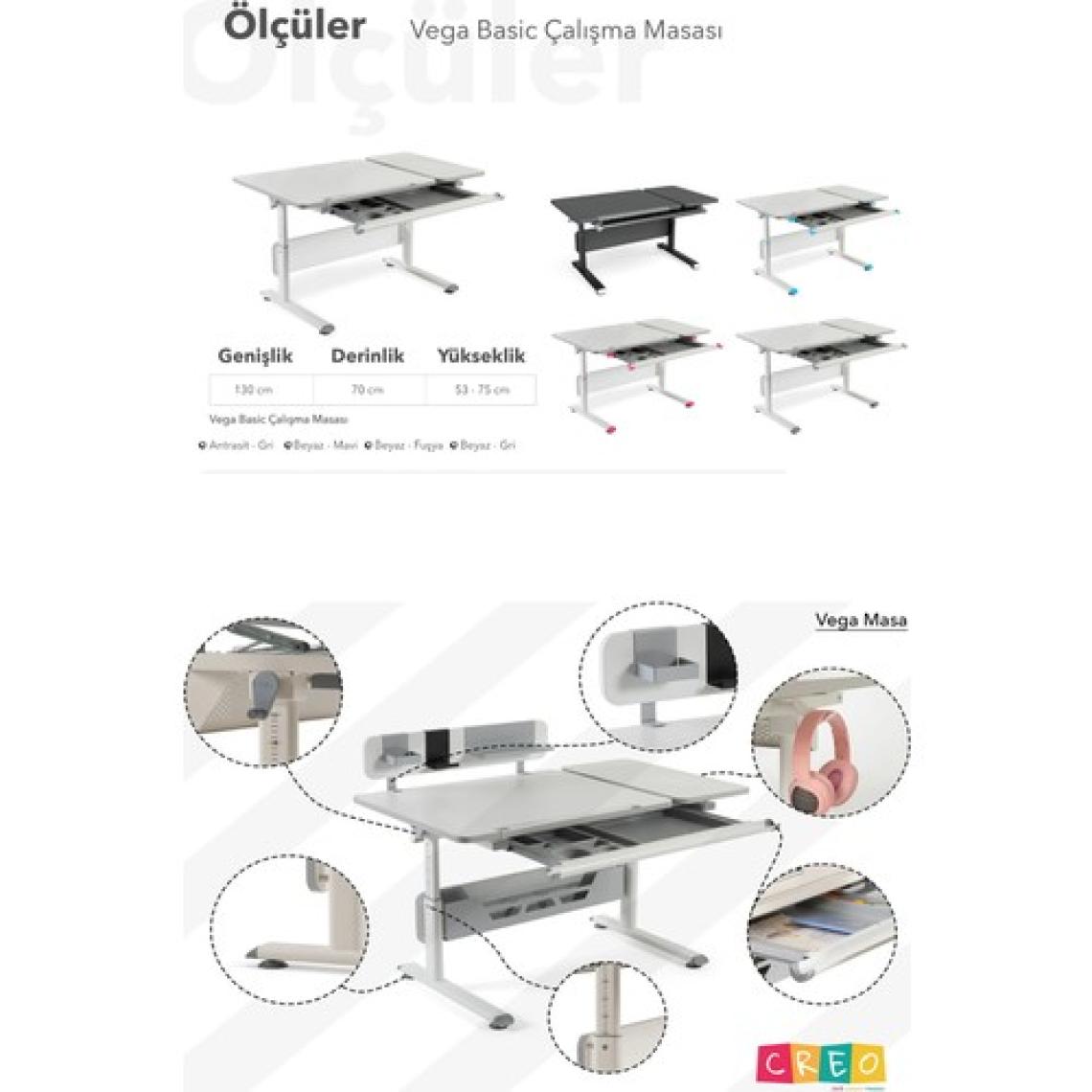 Creo Mobili Ergonomik Öğrenci Masası Çekmeceli ve Yükseklik Ayarlı - 130x70 Cm, Beyaz/Mavi - Vega Basic