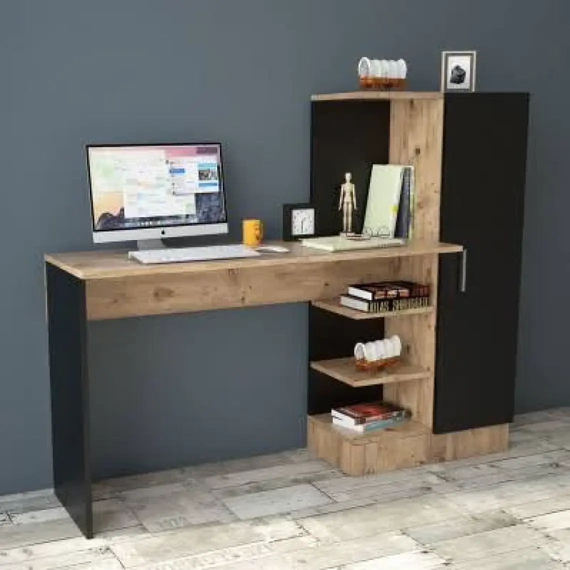 Yurudesign Laura Kitaplıklı Çalışma Masası Atlantik Çam Siyah CT2-AB