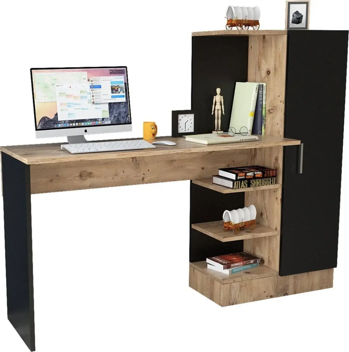 Yurudesign Laura Kitaplıklı Çalışma Masası Atlantik Çam Siyah CT2-AB