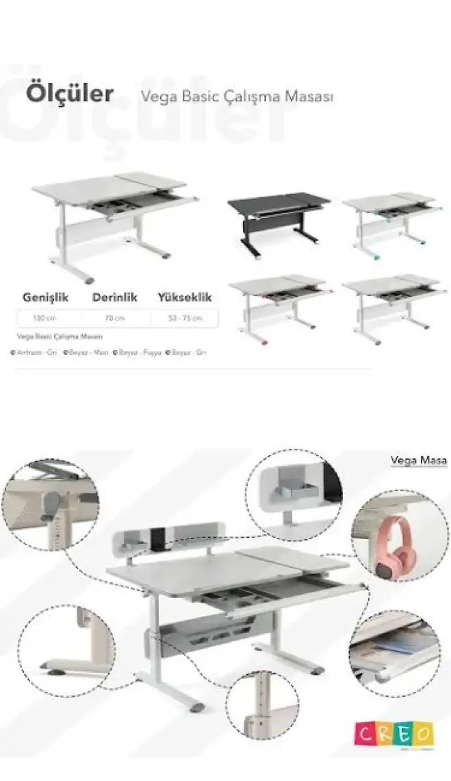 Creo Mobili Ev Ofis Kullanımı İçin Çekmeceli Çalışma Masası - Antrasit/Gri - 130x70 Cm, Vega Basic