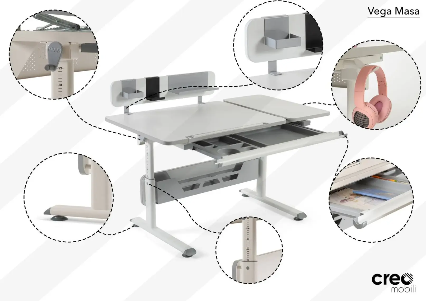 Creo Mobili Erkek Çocuk Çalışma Masası Yükseklik Ayarlı - 130x70 Cm, Beyaz/Mavi - Vega Simple