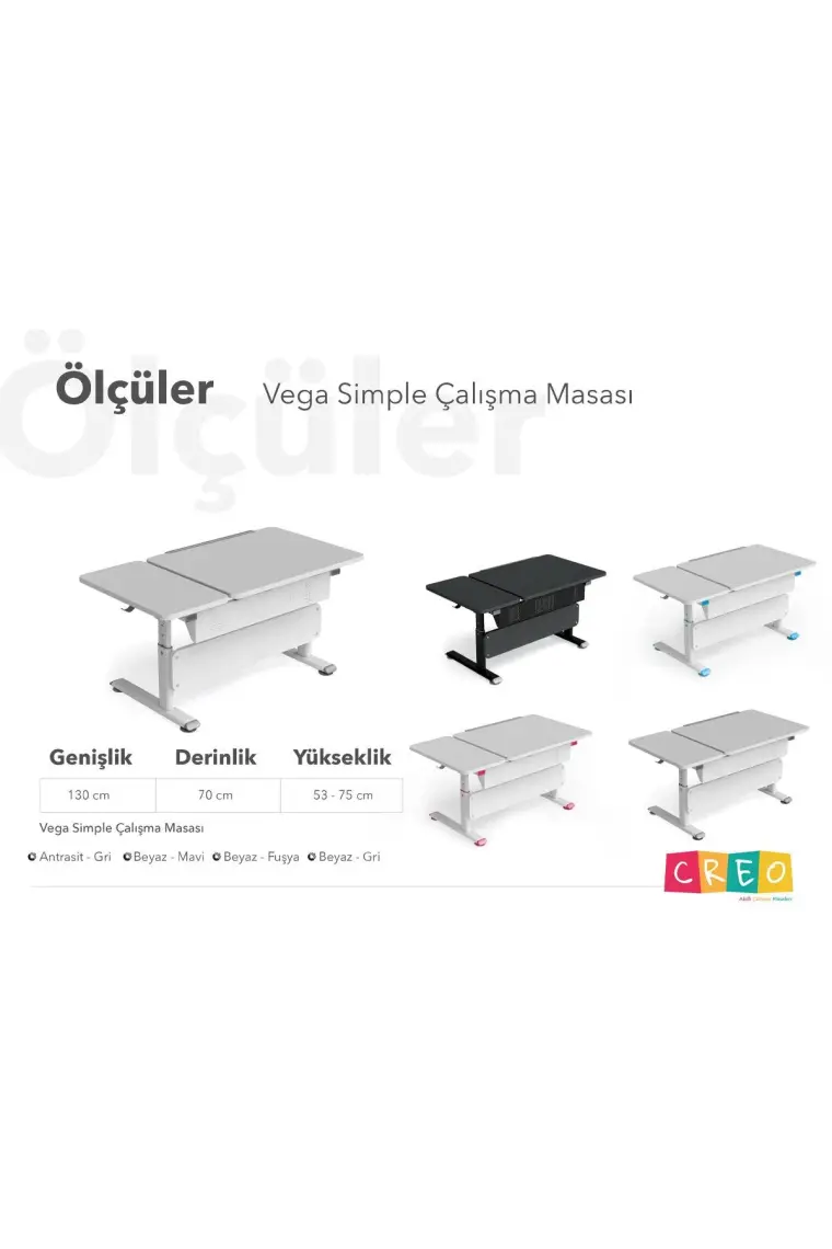 Creo Mobili Erkek Çocuk Çalışma Masası Yükseklik Ayarlı - 130x70 Cm, Beyaz/Mavi - Vega Simple