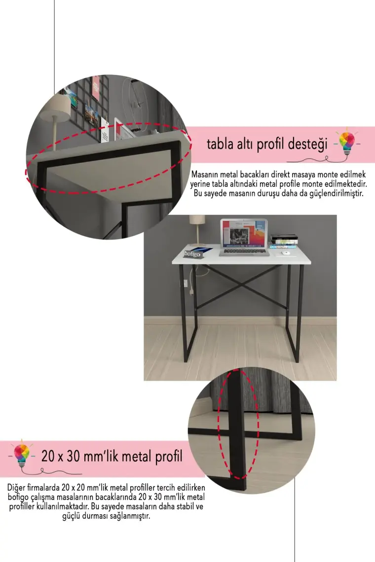 Bofigo 60X90 cm Çalışma Masası Bilgisayar Masası Ofis Ders Yemek Masası Beyaz