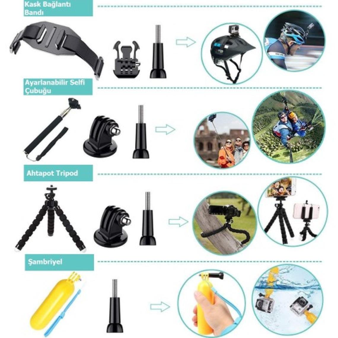 Trendfone Gopro Aksiyon Kameraları Için Aksesuar Seti Ihtiyacınız Olan Herşey Tek Pakette-Büyük Boy Çanta Ile Birlikte