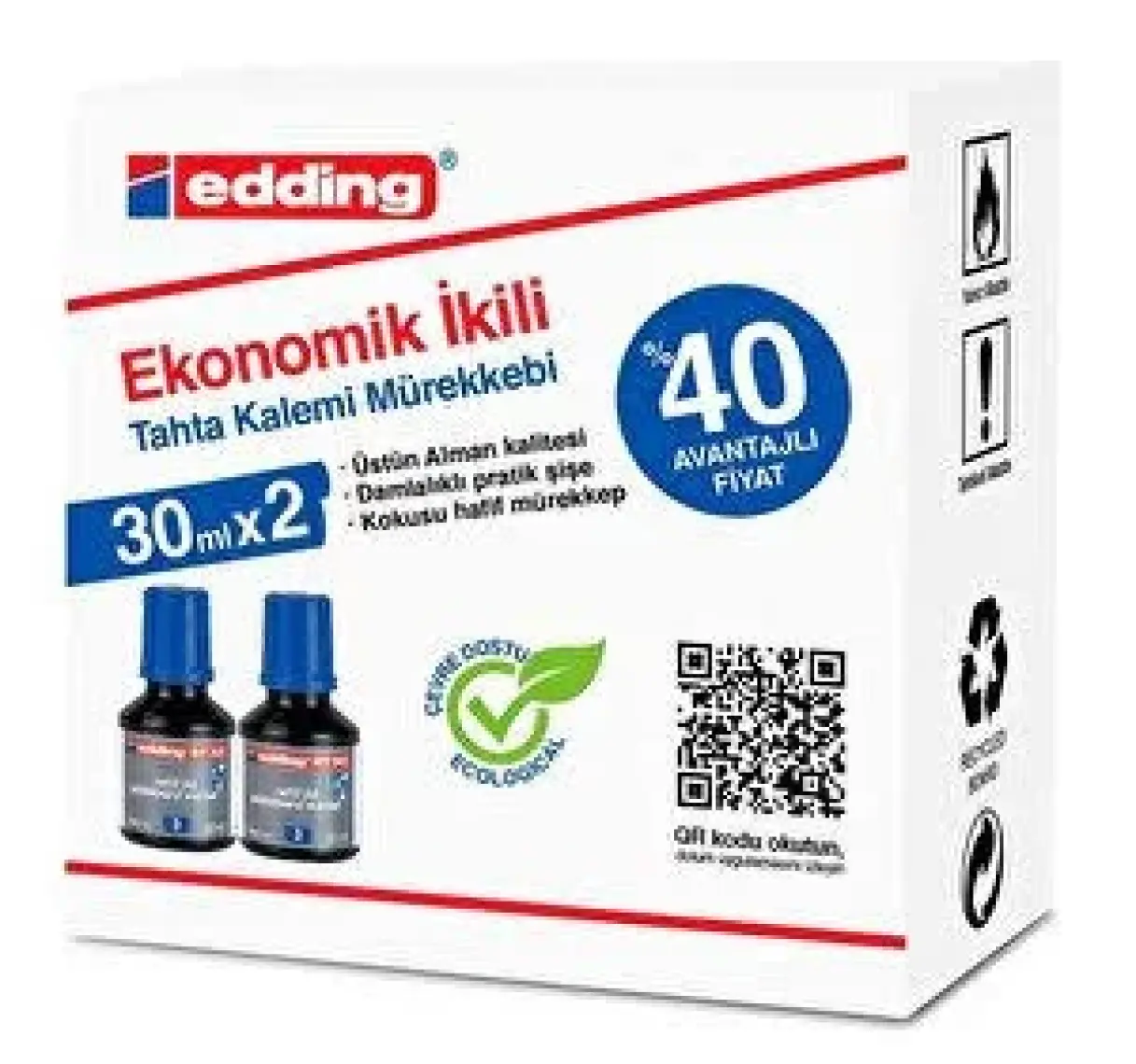 Edding BT30 Tahta Kalem Mürekkebi Damlalıklı Ekonomik 30 ml Mavi (2 Li Paket)