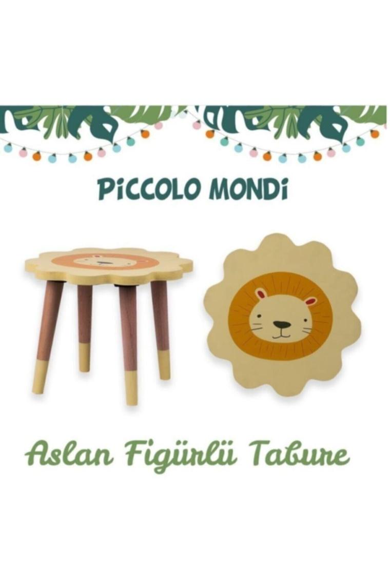 Piccolo Mondi Aslan Figürlü Ahşap Çocuk Taburesi (Sök-Tak Ayak Modelli)
