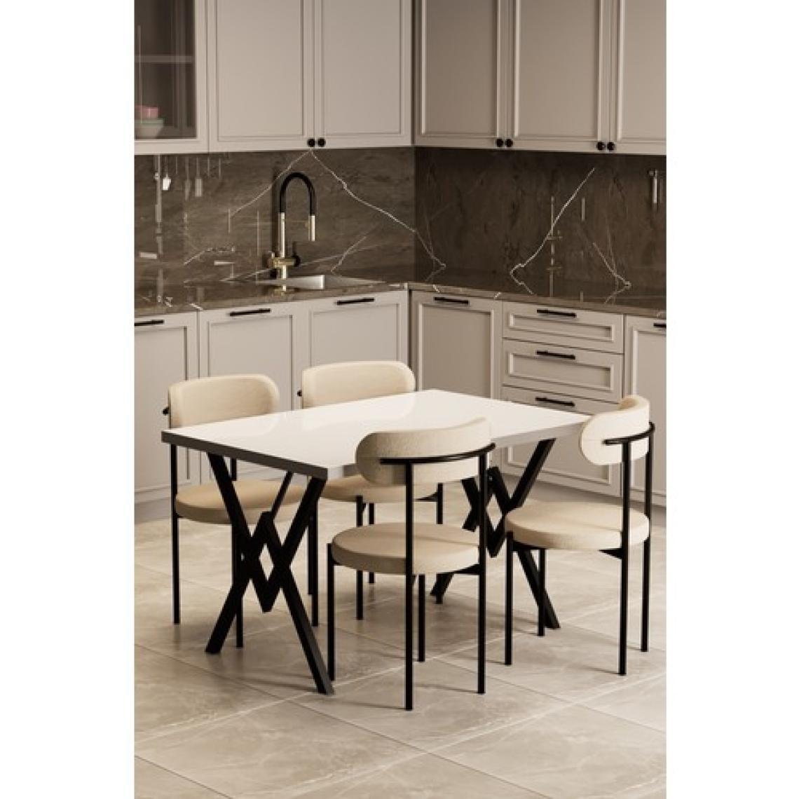 EVDEMO Trend 4 Kişilik Modern Suntalam Mutfak Masa Takımı 120x80 cm, Beyaz-Krem-Siyah, Toz Boyalı Metal Ayaklar