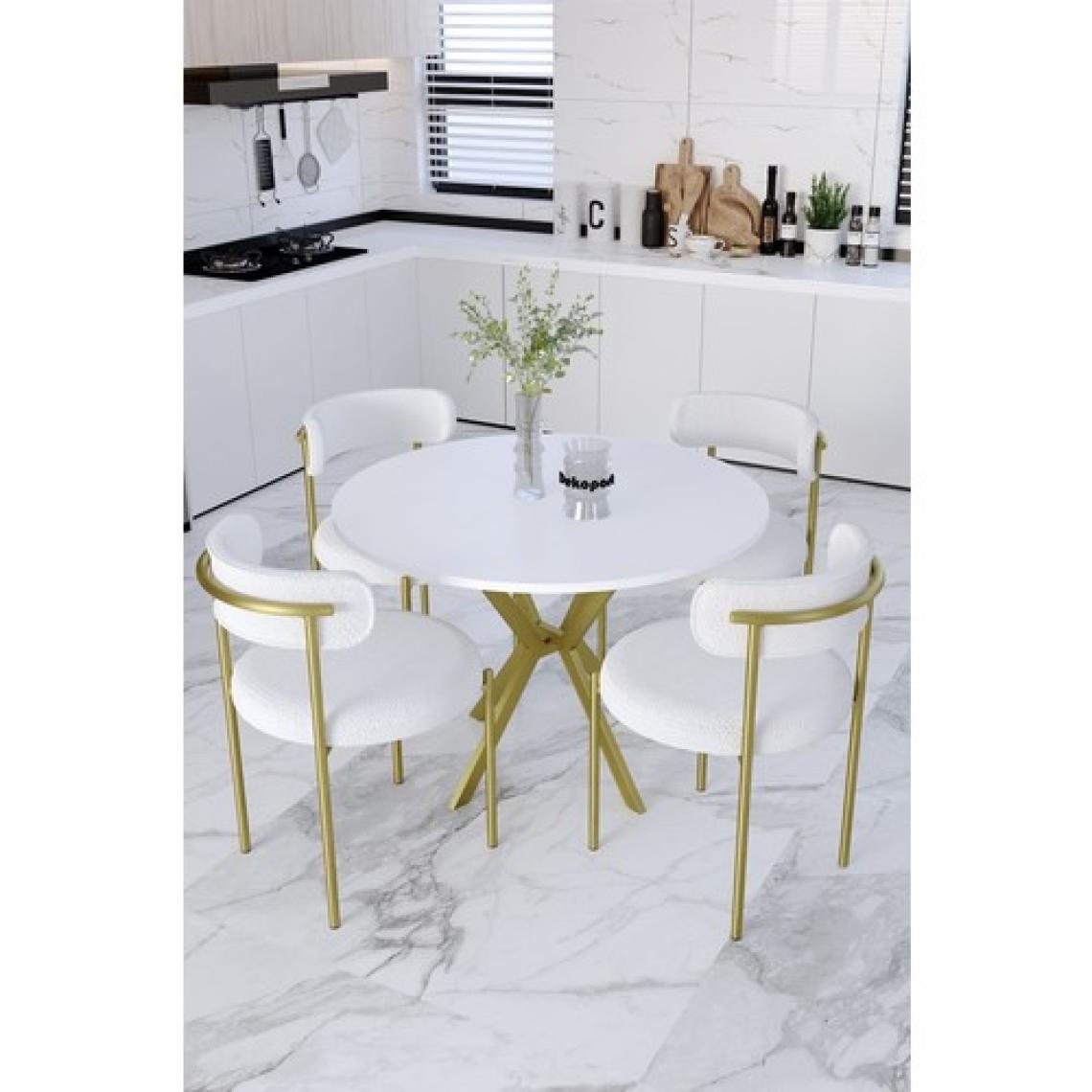Dekoport Mina Masa Sandalye Takım 90 cm Masa Mat Gold 4 Sandalye Teddy Sandalye Bukle - Teddy Kumaş
