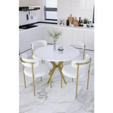Dekoport Mina Masa Sandalye Takım 90 cm Masa Mat Gold 4 Sandalye Teddy Sandalye Bukle - Teddy Kumaş