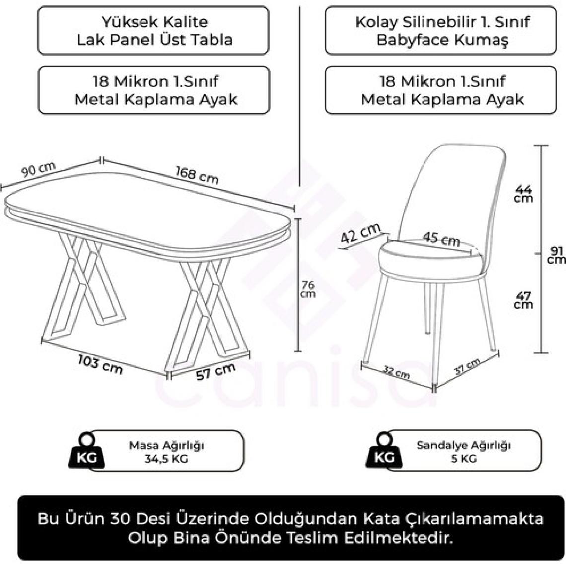 Lai Serisi 90X168 Lak Panel Beyaz Mermer Desen Krom Ayak Masa Takımı 6 Sandalye