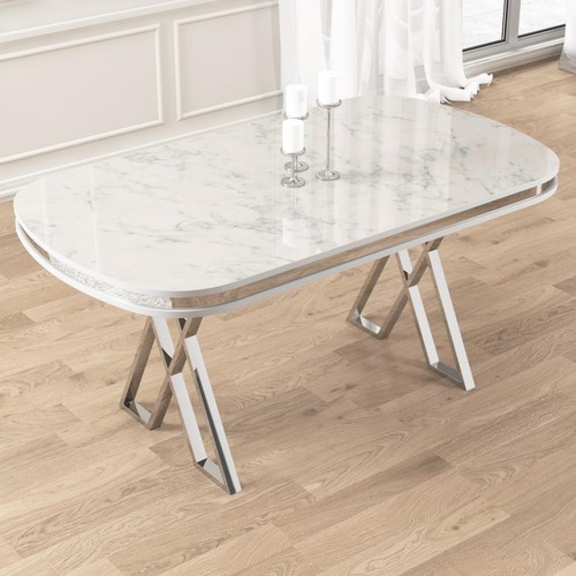 Lai Serisi 90X168 Lak Panel Beyaz Mermer Desen Krom Ayak Masa Takımı 6 Sandalye
