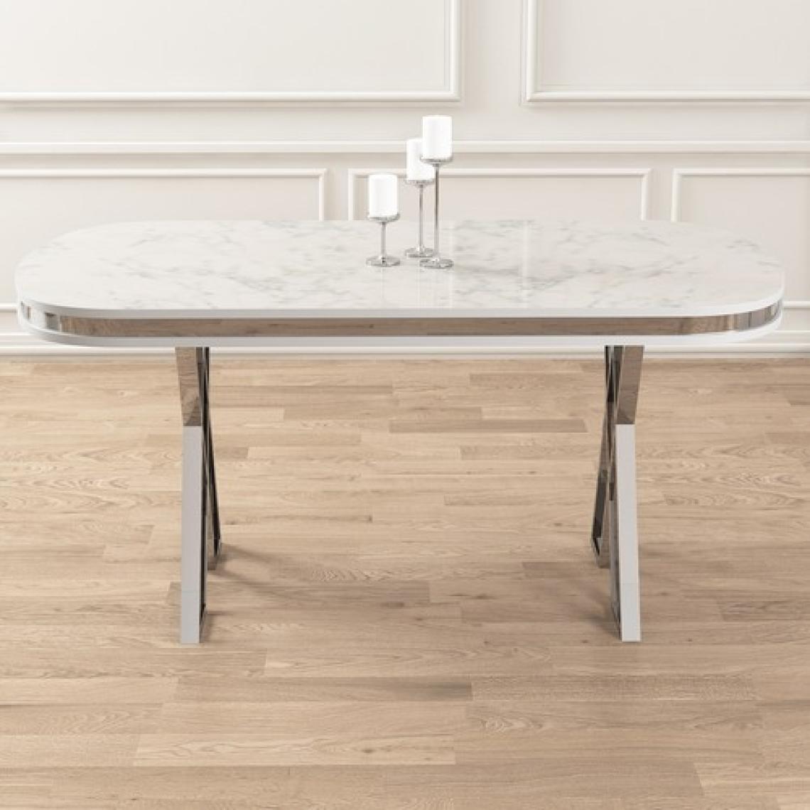 Lai Serisi 90X168 Lak Panel Beyaz Mermer Desen Krom Ayak Masa Takımı 6 Sandalye