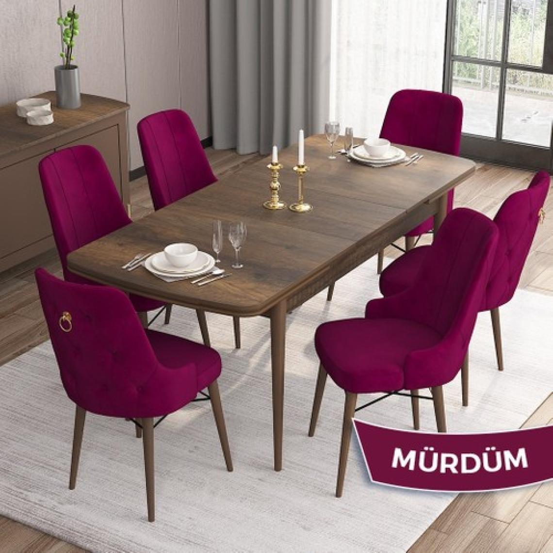 Canisa Concept Are Serisi, Mdf 80X132 Açılabilir  Barok Ahşap Desen Mutfak Masa Takımı, 6 Sandalye Gold Halkalı