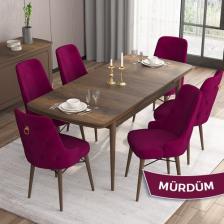 Canisa Concept Are Serisi, Mdf 80X132 Açılabilir  Barok Ahşap Desen Mutfak Masa Takımı, 6 Sandalye Gold Halkalı