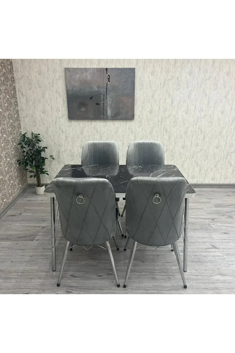 By Orhan Güzel Mutfak Masa Sandalye Takımı Rodonit 80-120 Ck Gümüş 4 Kişilik Mutfak Masası Takımı