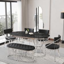 By Orhan Güzel Mutfak Masası Takımı, Salon Masa Takımı 6 Kişilik New Uzay Gümüş Benchli Salon Masa Takımı