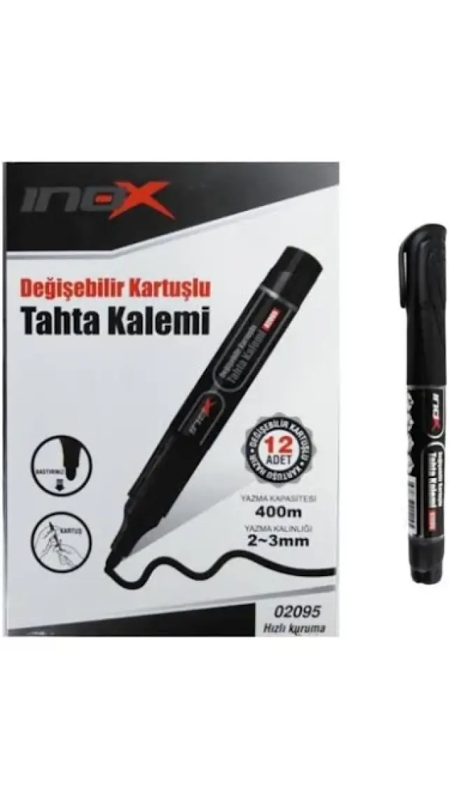 Inox Kartuşlu Doldurulabilir Beyaz Tahta Kalemi Siyah 12'li