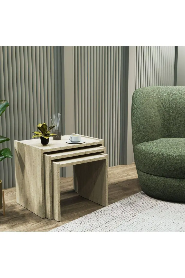 Cool Home Vera 3'lü Zigon Sehpa Servis Sehpası Traverten