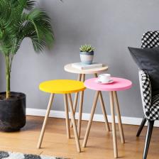 İntergo Renkli 3'lü Zigon Sehpa Ahşap Ayaklı Yuvarlak Pastel Tasarım - Sarı Krem Pembe