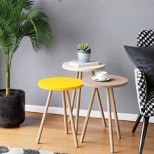 İntergo Renkli 3'lü Zigon Sehpa Ahşap Ayaklı Yuvarlak Pastel Tasarım - Cappuccino - Krem - Sarı